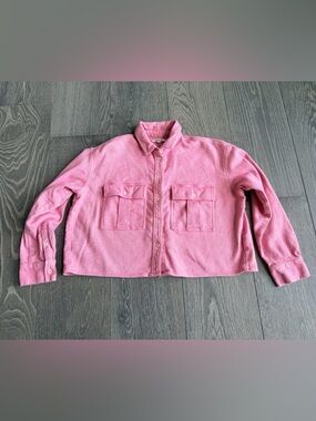 Madewell Flannel Cargo Cropped Button Up Shirt in Pink / White Stripe Size Small
